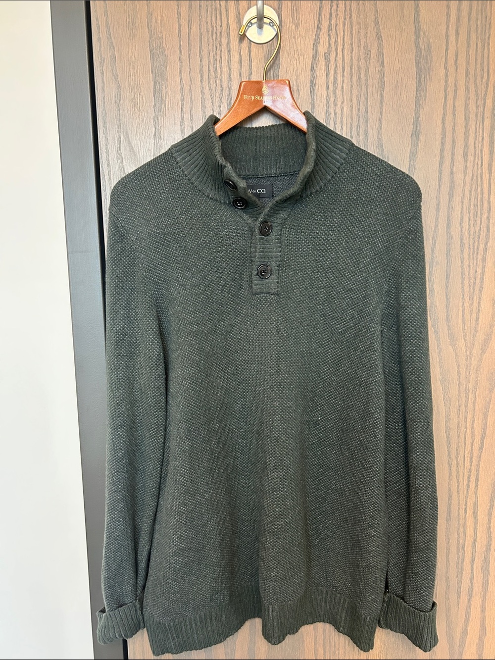 Vince Dark Olive Green Zip-Style Button Mock-Neck Sweater